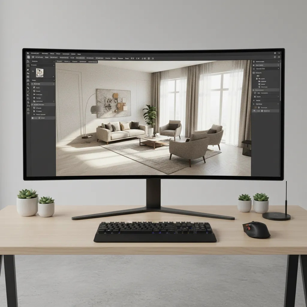 Computer screen showing 3D interior design software with a modern living room rendering on desk