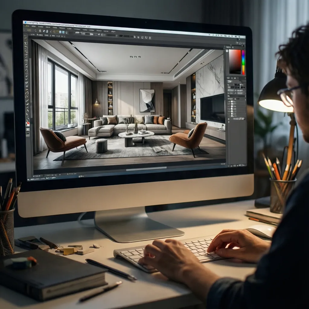 Designer using computer software to create a modern living room interior design drawing with sofa