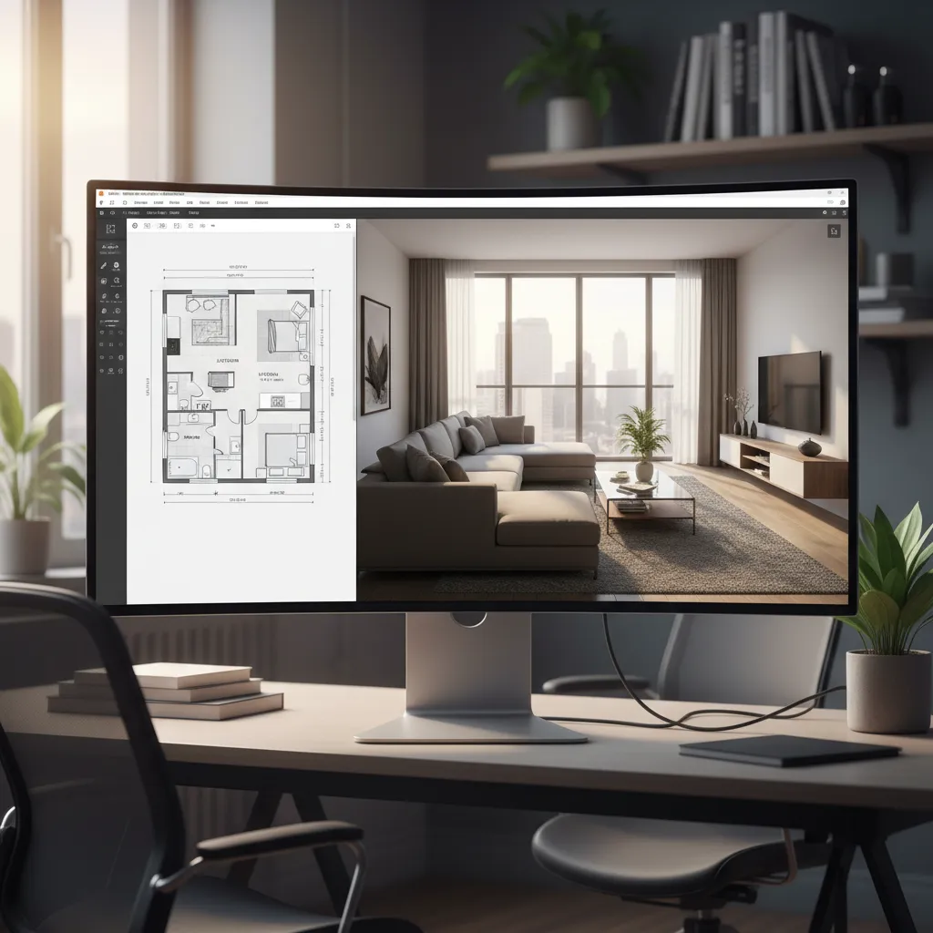 Pantalla mostrando plano de vivienda y visualización 3D de interior