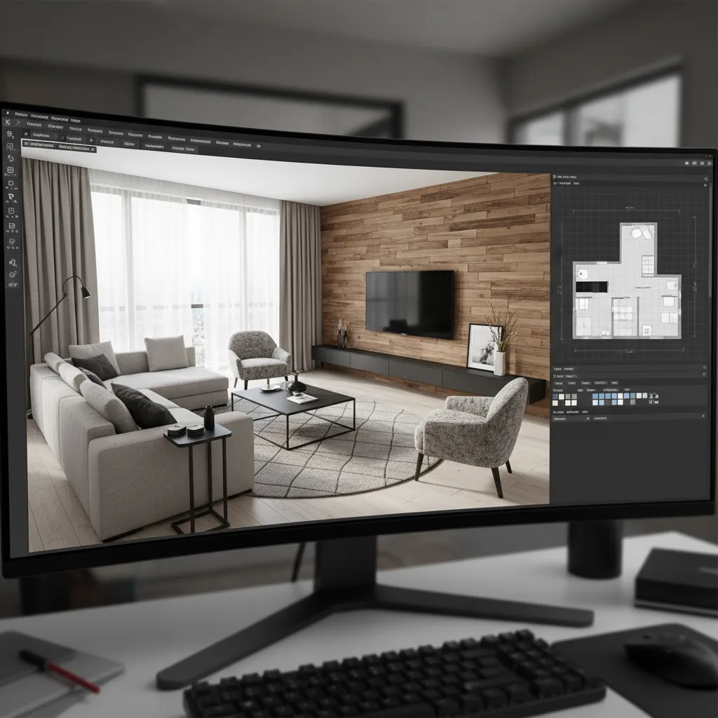 Pantalla de ordenador mostrando un plano 3D detallado de un salón diseñado digitalmente