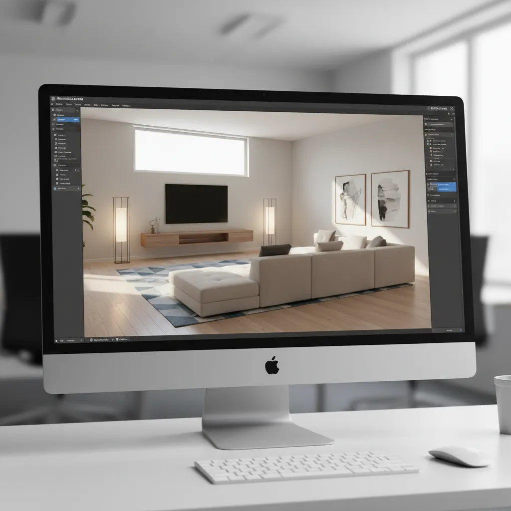 Computer screen showing Coohom interior design software with a modern living room and large beige sofa