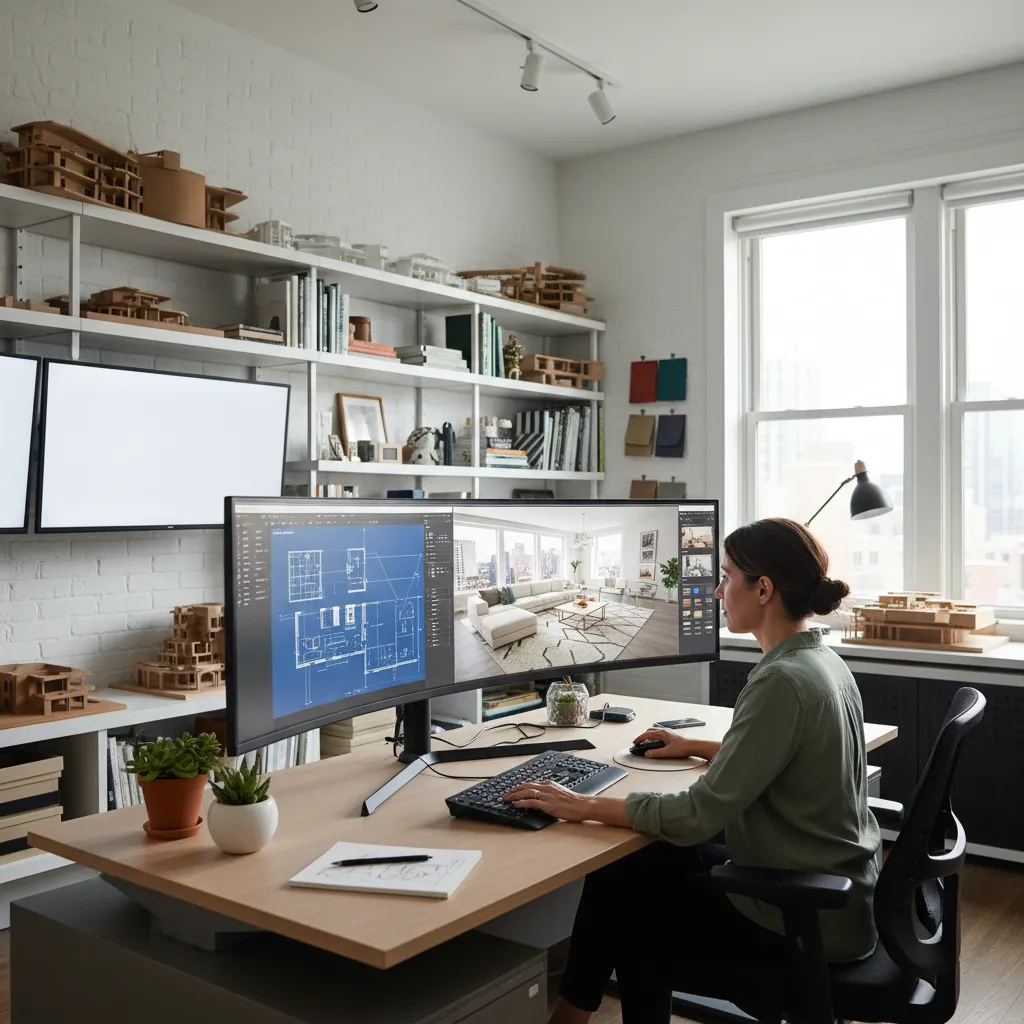 Diseñador utilizando software 3D para visualizar un proyecto de interiorismo