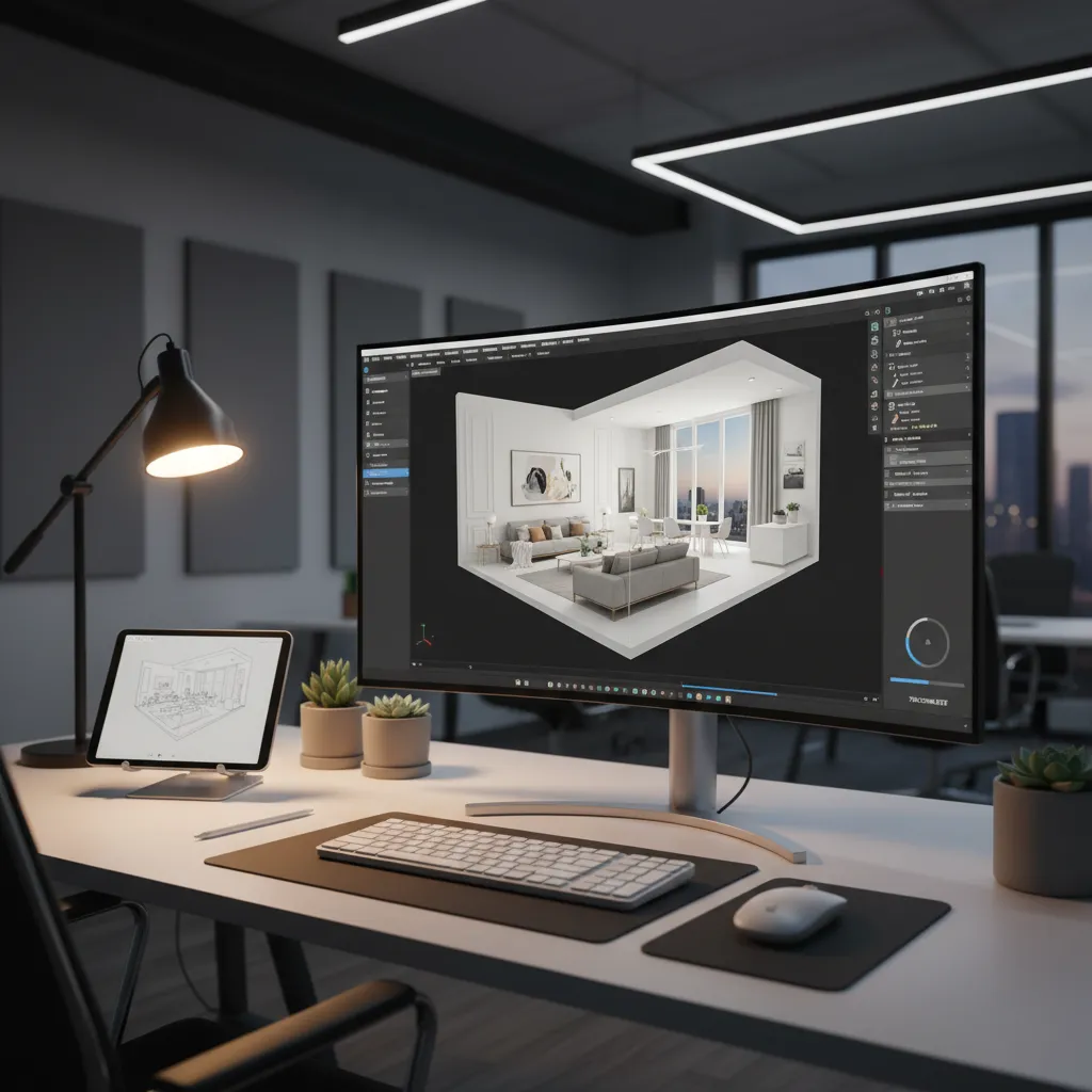 Pantalla mostrando modelado 3D de un espacio interior