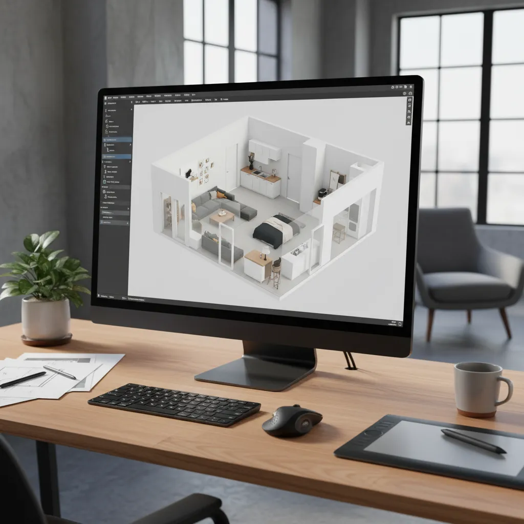 Pantalla de ordenador mostrando un modelo 3D de un apartamento