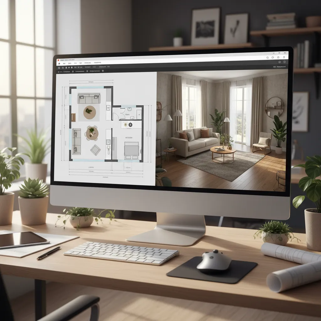 Interfaz de programa de diseño interior mostrando plano y vista 3D