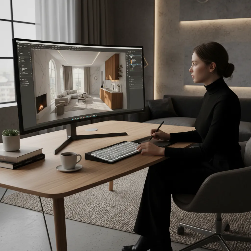 Diseñador trabajando con software de modelado 3D para interiorismo