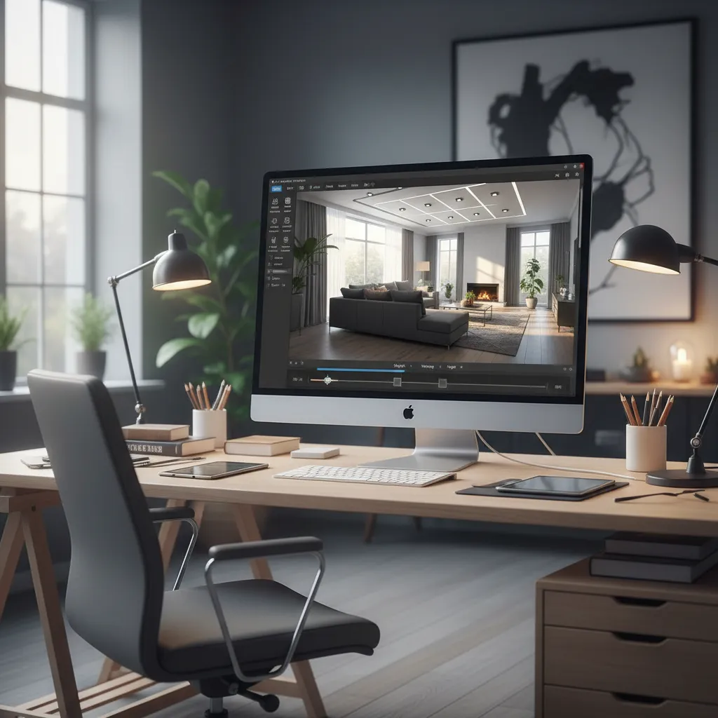 Pantalla con modelo 3D de diseño interior de salón