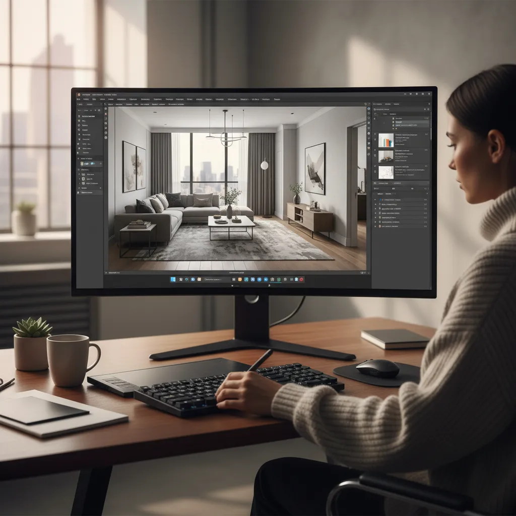 Pantalla mostrando modelo 3D de un apartamento en software de diseño