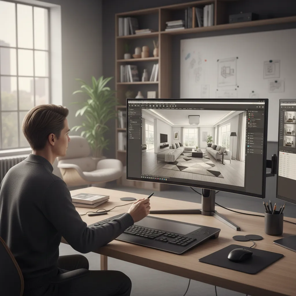 persona diseñando interiores de casa en software 3D