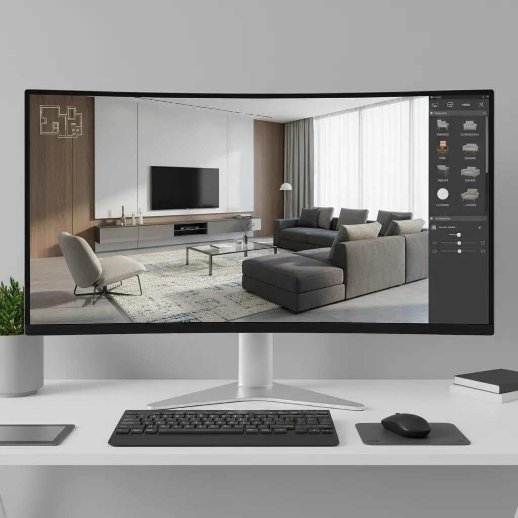 Pantalla de ordenador mostrando un plano 3D de una sala de estar diseñado con software de interiorismo