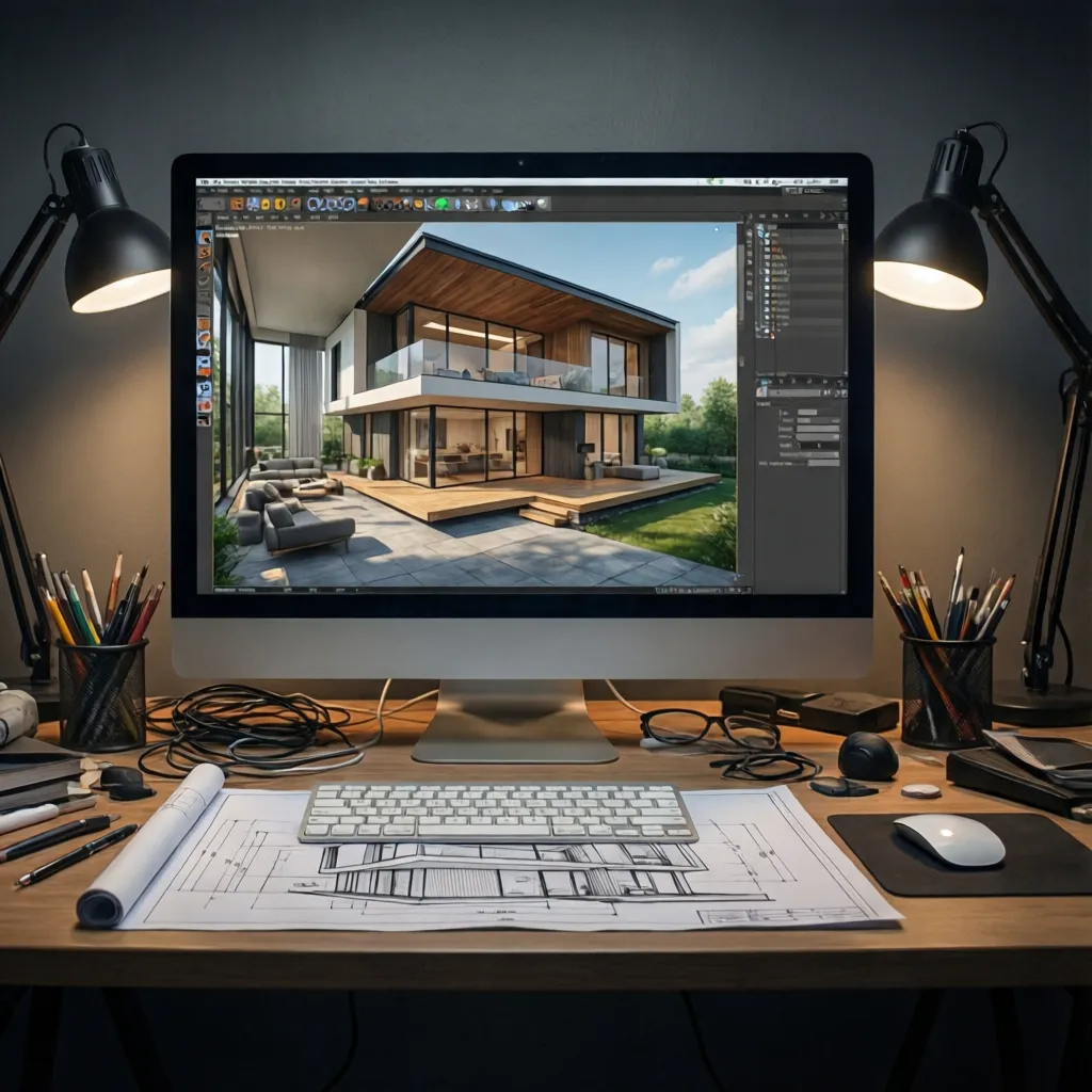 Pantalla de software mostrando diseño interior de una casa en 3D