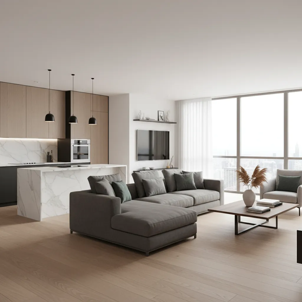 Simulación 3D de interior de vivienda generada con software de diseño