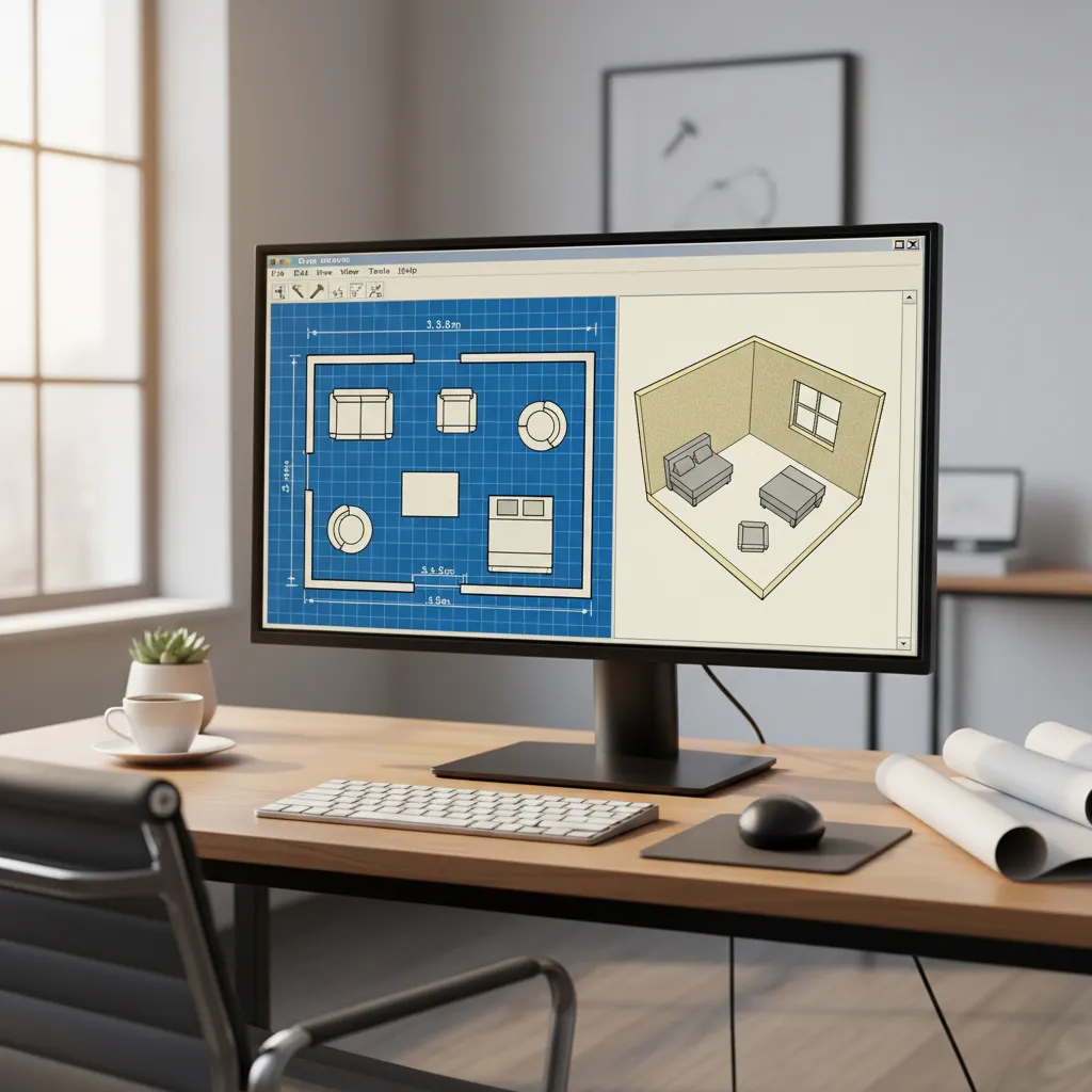 Pantalla mostrando un plano de casa en un programa de diseño interior 3D básico