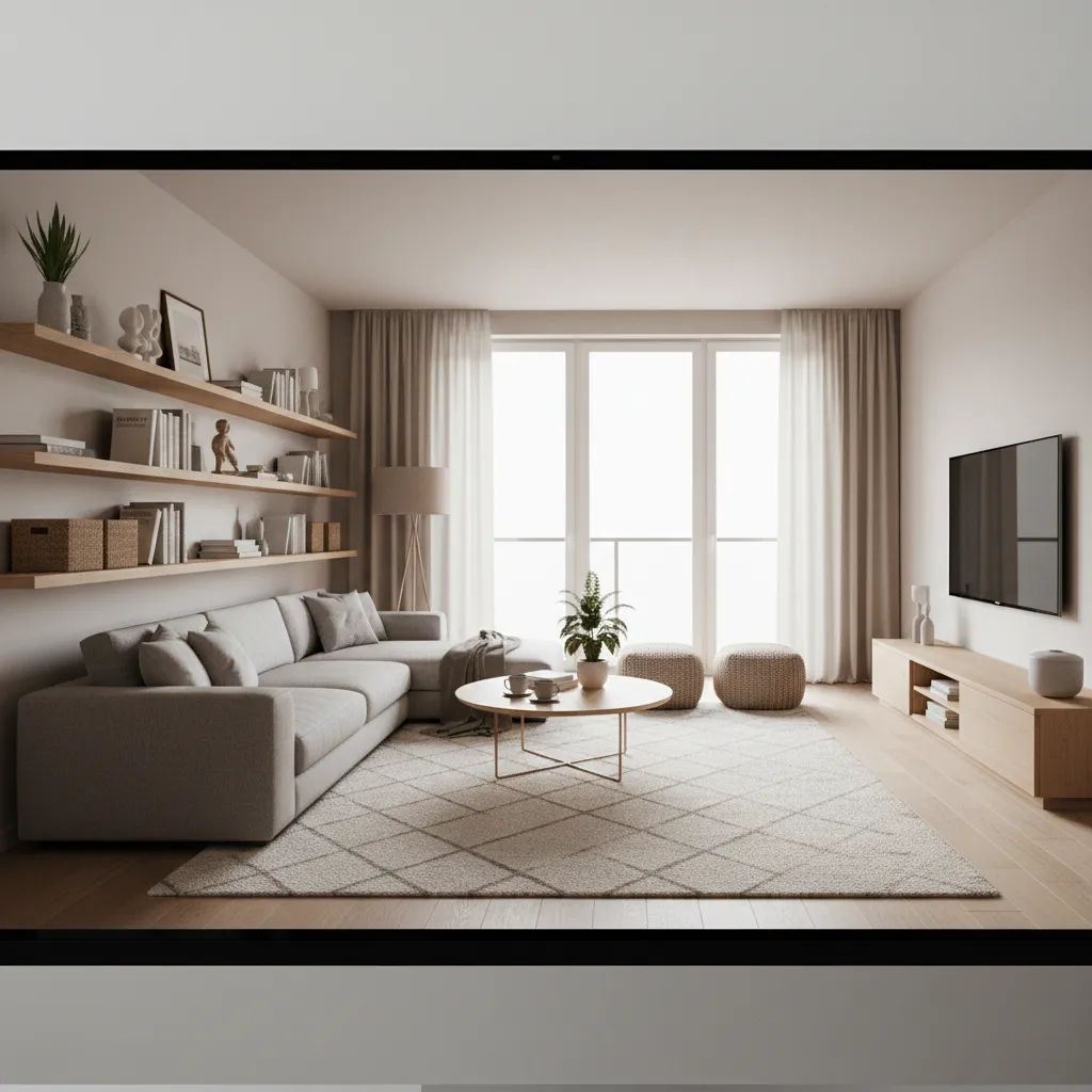 Modelo 3D de salón con muebles y distribución del espacio