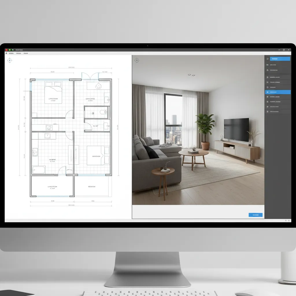 Interfaz de programa de diseño interior mostrando plano y vista 3D de un salón