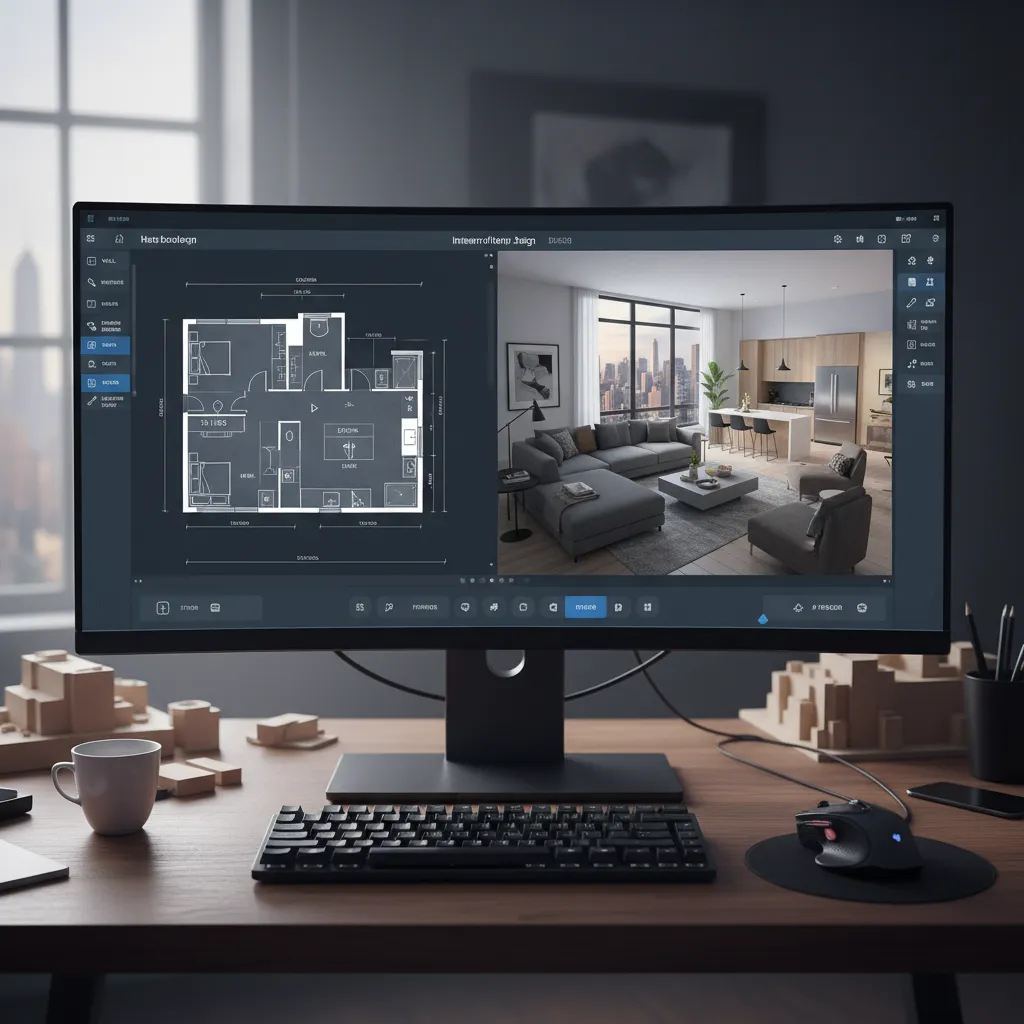 Interfaz de software de diseño interior mostrando plano y modelo 3D