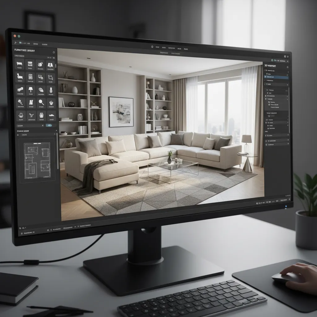 Interfaz de un programa de diseño interior mostrando un salón en 3D