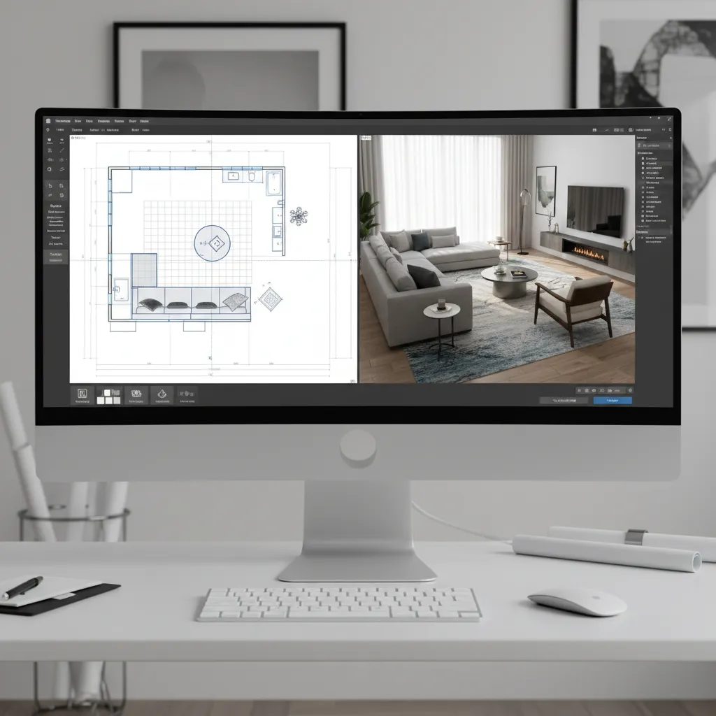 Interfaz de software de diseño interior mostrando plano 2D y vista 3D de una sala