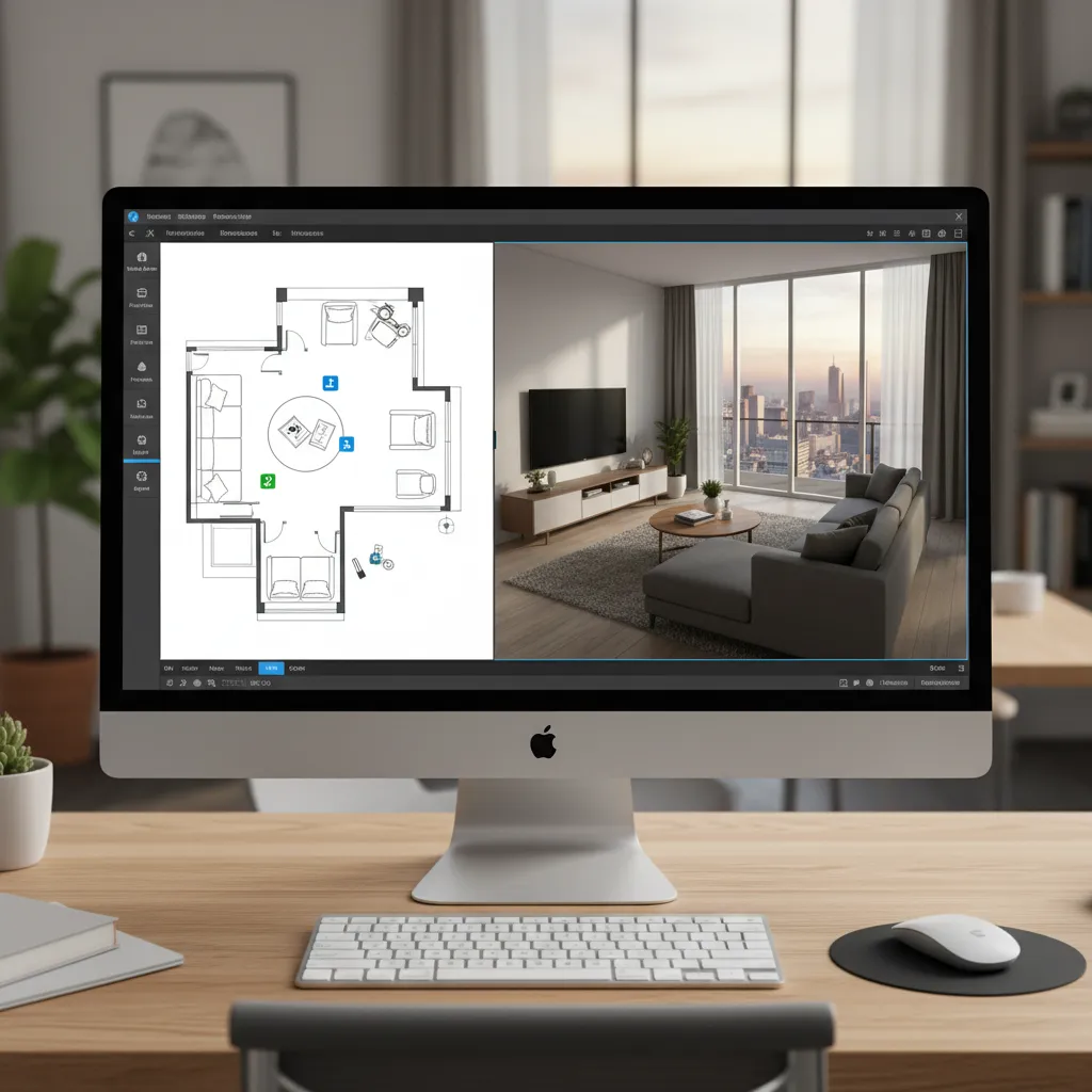 Interfaz de un programa de diseño interior con plano y vista 3D del mismo espacio