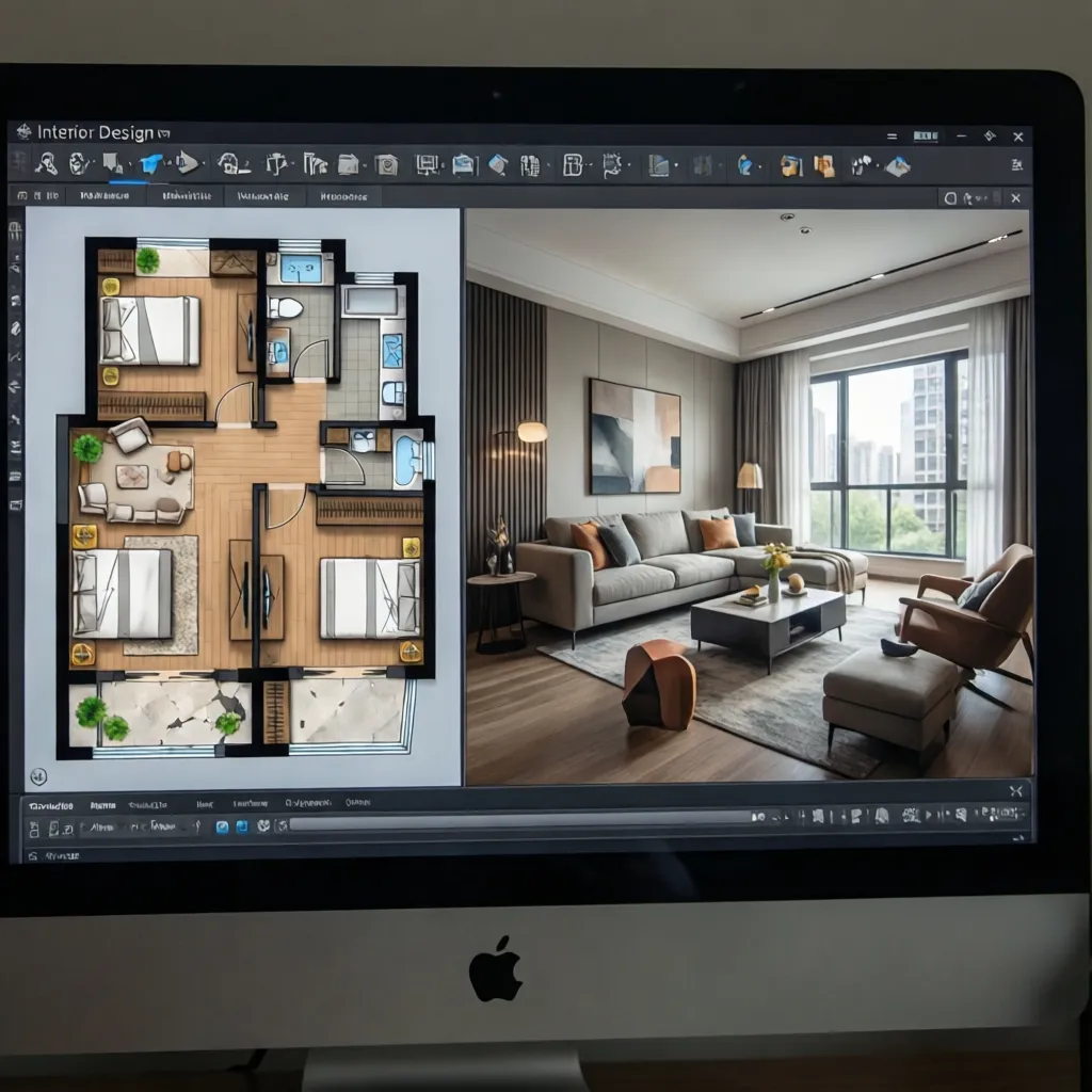 Interfaz de software de diseño de interiores mostrando plano y vista 3D de una sala