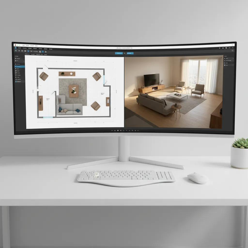 Interfaz de software de diseño de interiores con plano y vista 3D