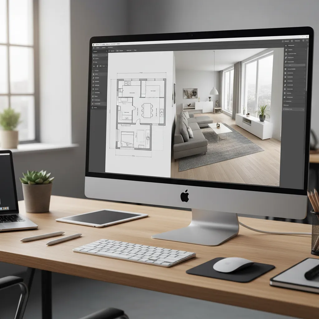 interfaz de programa de diseño interior mostrando plano y vista 3D