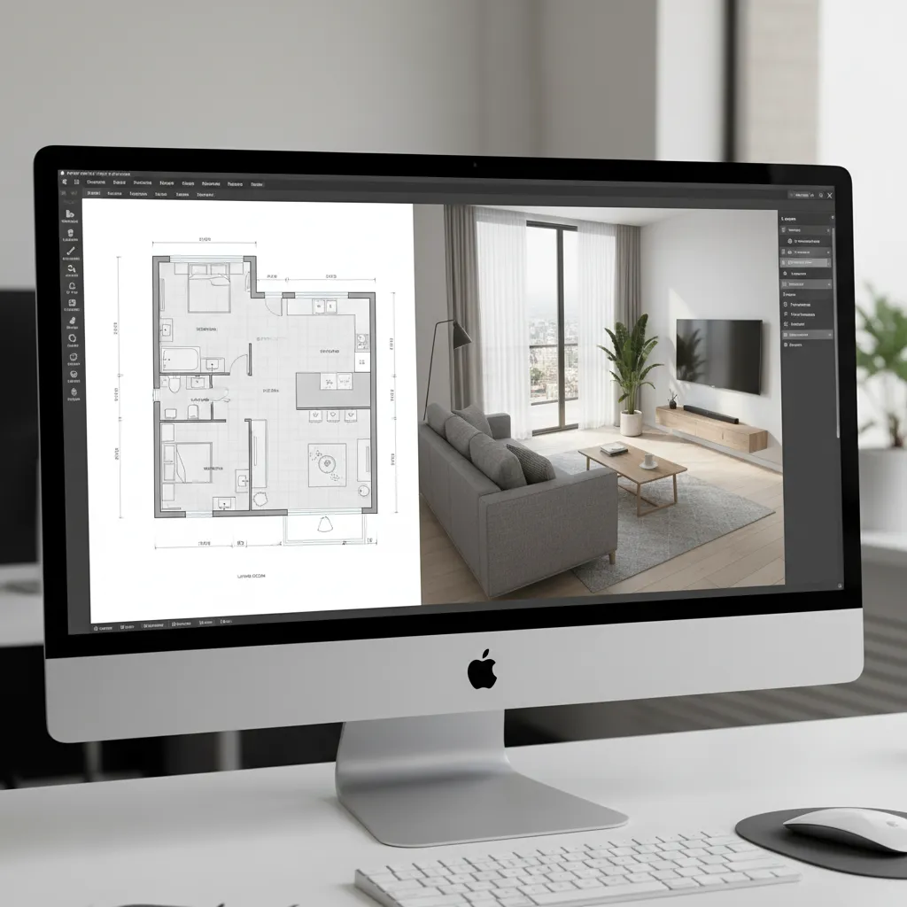 Interfaz de un programa de diseño interior mostrando plano 2D y vista 3D
