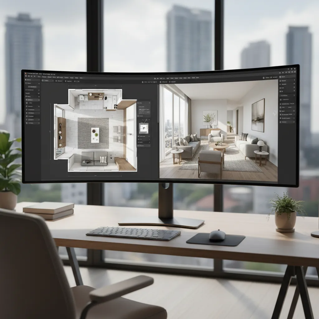 Interfaz de un programa de diseño de interiores mostrando plano y vista 3D