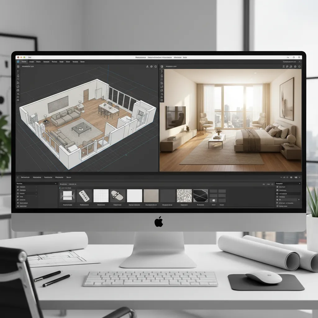 Interfaz de software de diseño interior mostrando plano 3D de un apartamento