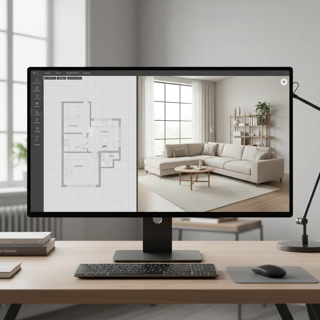 Interfaz de software mostrando plano de vivienda y vista 3D