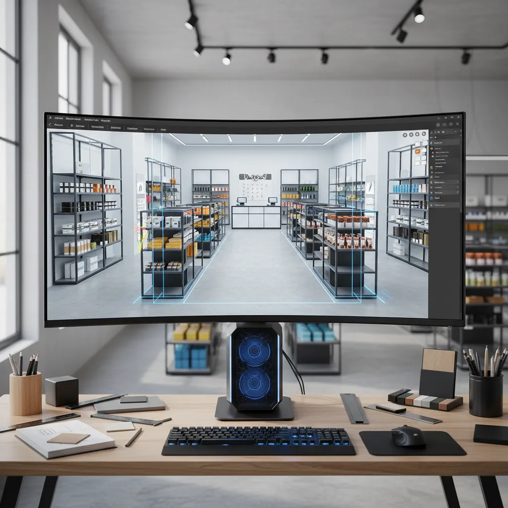 Pantalla mostrando un plano 3D de una tienda diseñado con software profesional