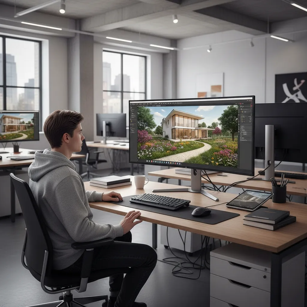 Estudiante trabajando en un modelo 3D de interior y paisaje en ordenador