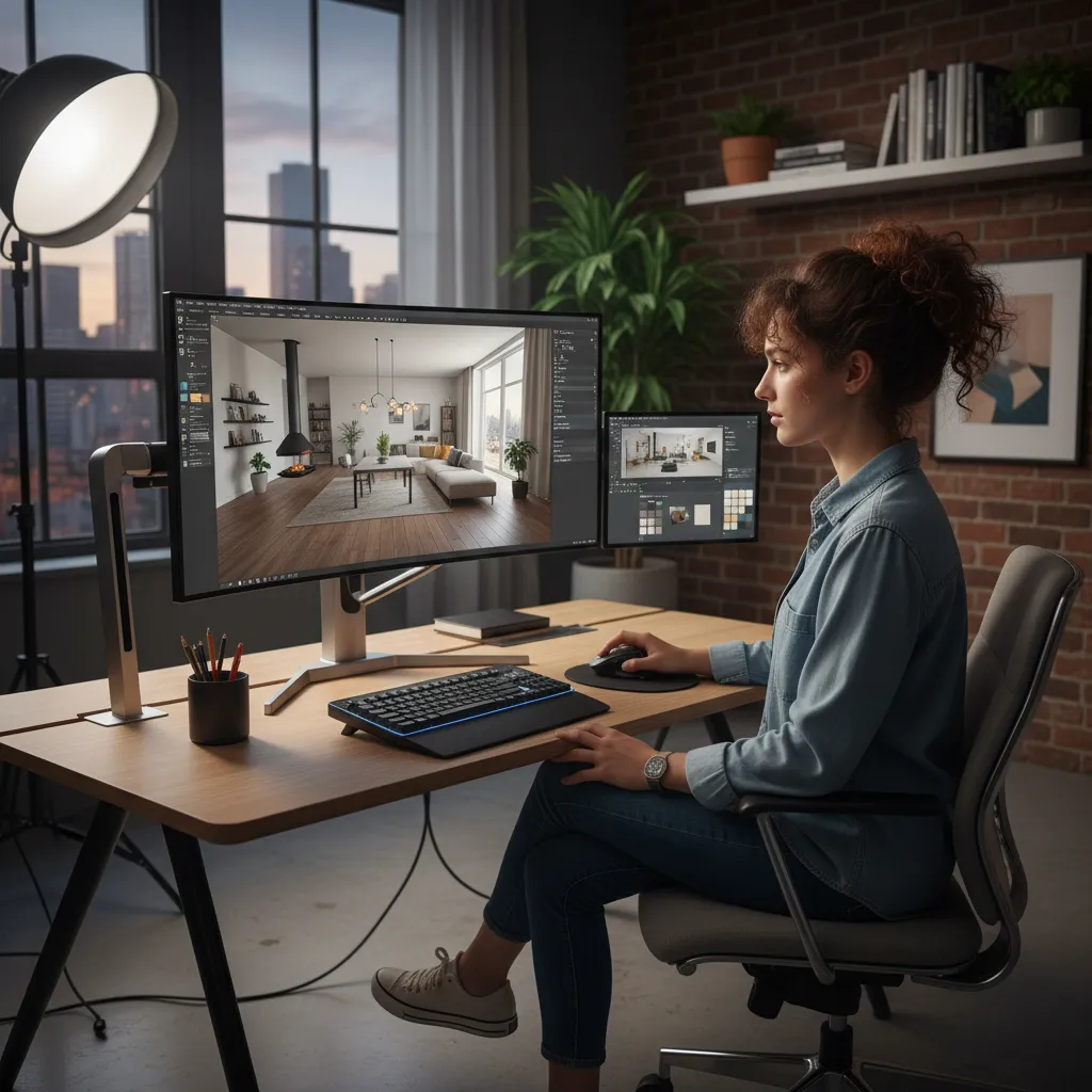 Estudiante trabajando en modelado 3D de un interior en ordenador