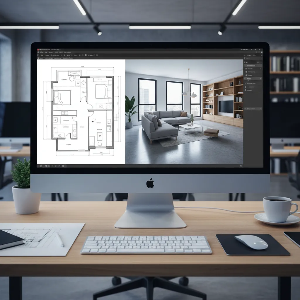 Interfaz de software de diseño de interiores mostrando plano y vista 3D