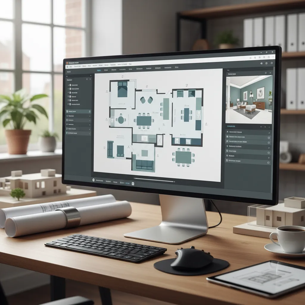 Interfaz de un programa de diseño interior con plano de habitación