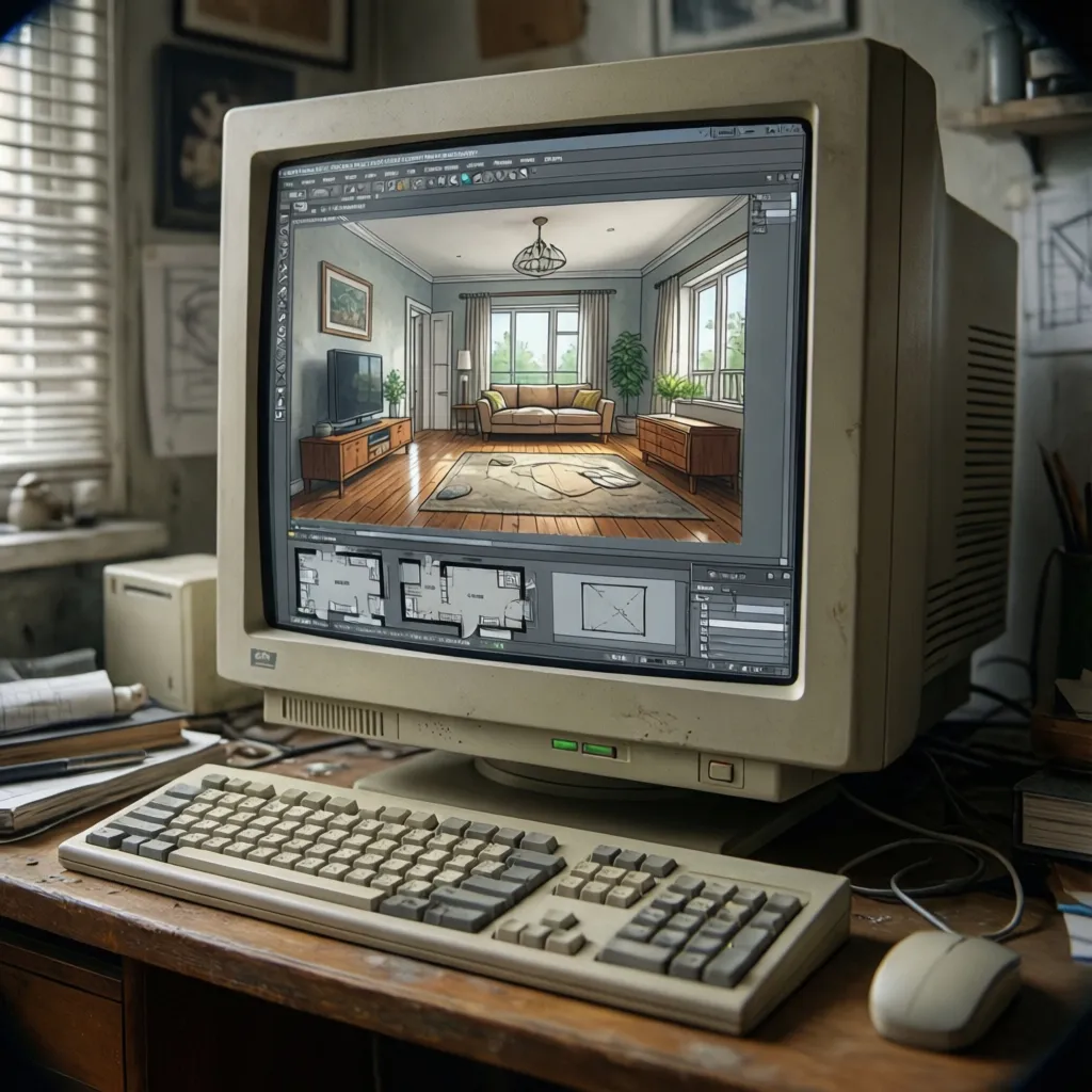 Old desktop computer monitor showing interior design software interface with living room and floor plans