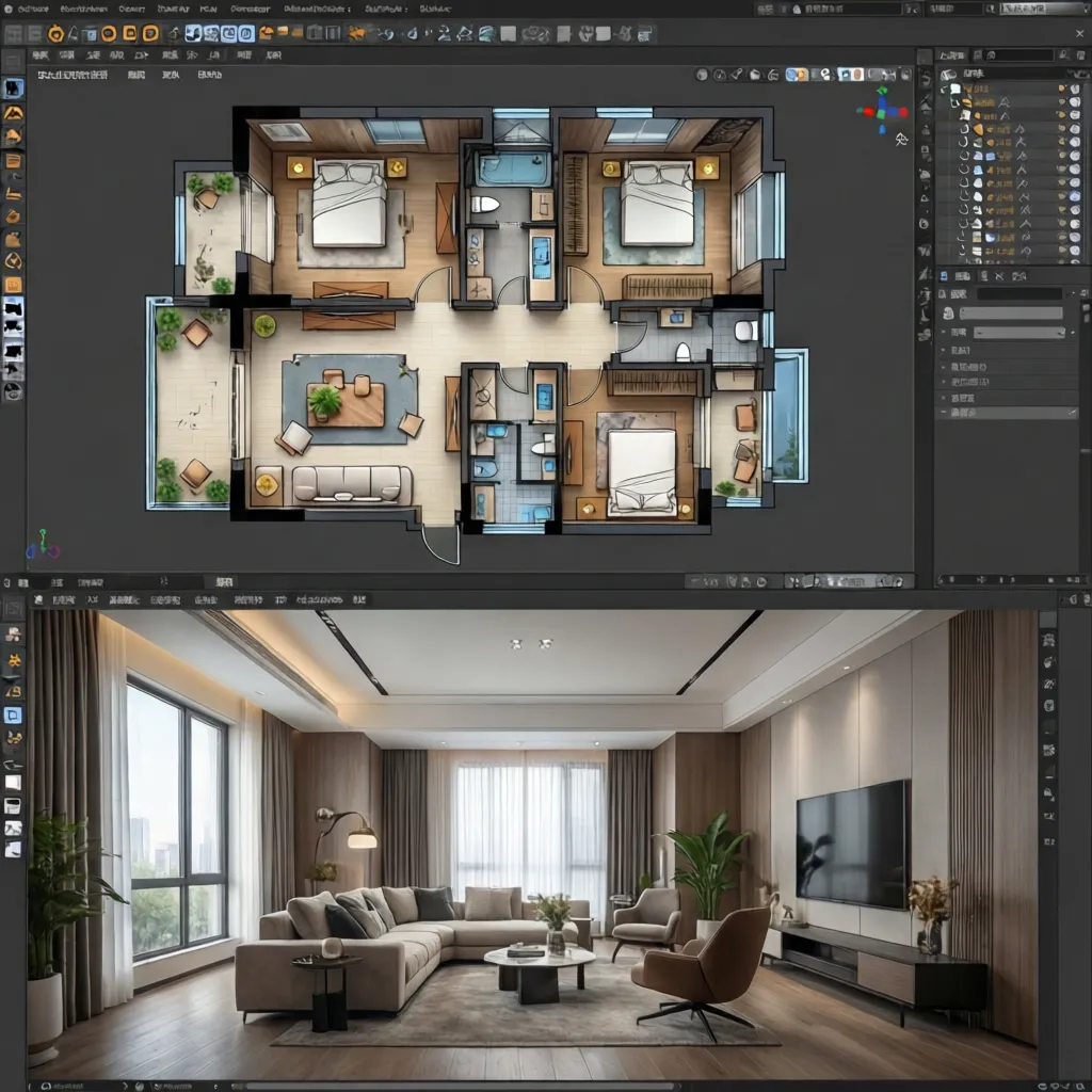 Plano digital de apartamento transformándose en visualización 3D
