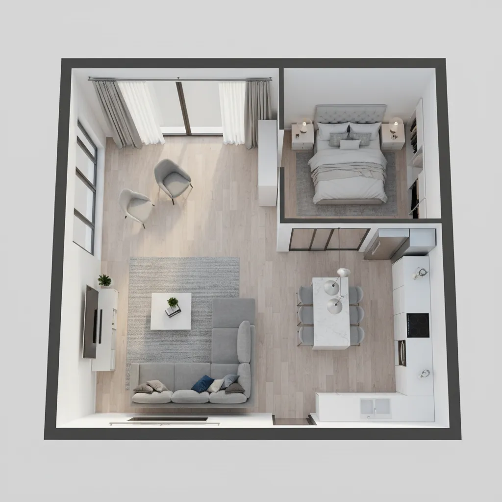 Top down 3D apartment floor plan showing bedroom living room kitchen and light wood flooring