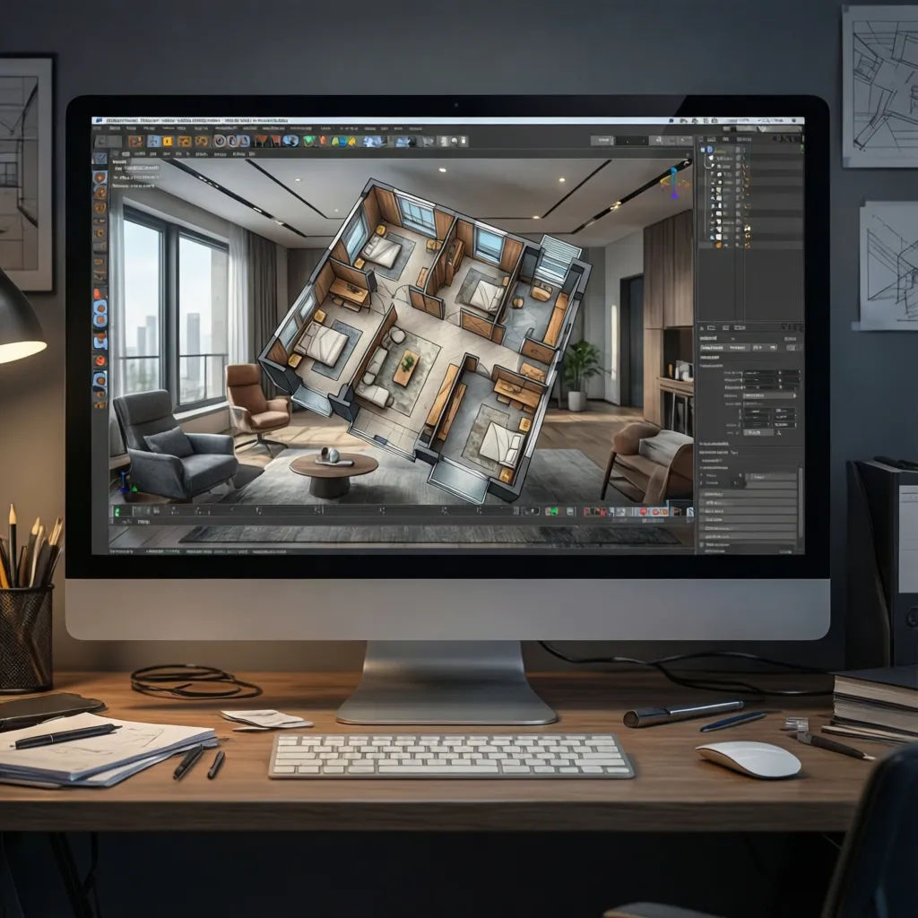 Pantalla mostrando un plano 3D de diseño interior
