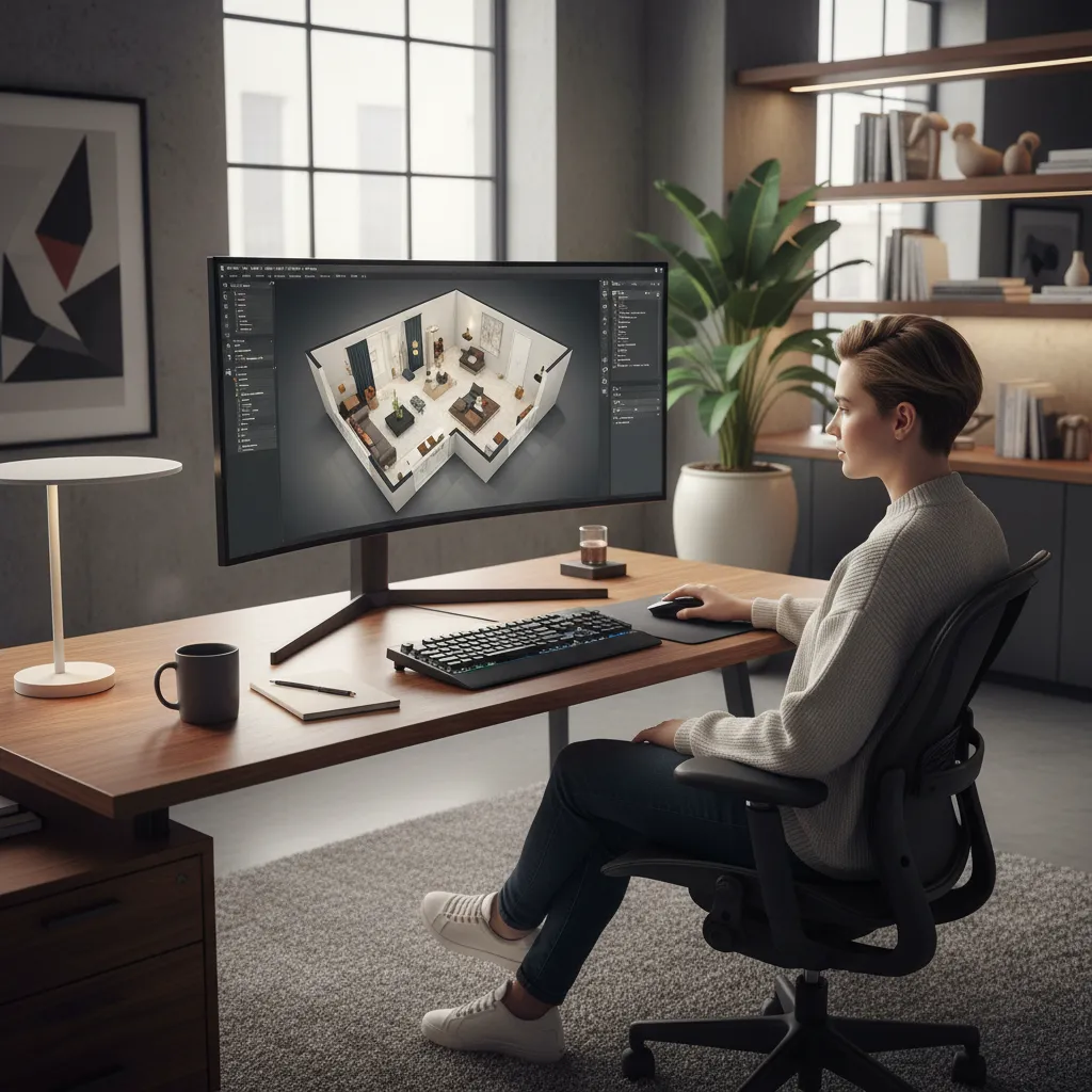 Diseñador creando un plano de vivienda en software de planificación 3D