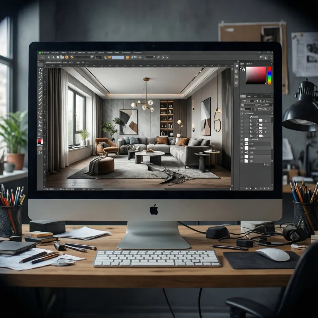 Pantalla de ordenador mostrando un software de diseño interior en 3D