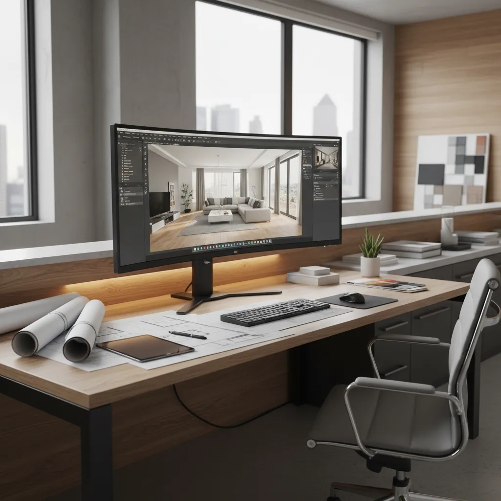Interior design drawing software on monitor with floor plans and tablet on a wooden desk
