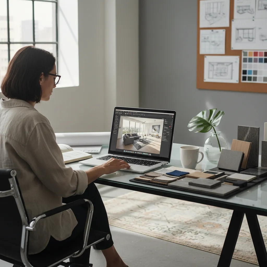 Diseñador utilizando software de diseño interior en computadora