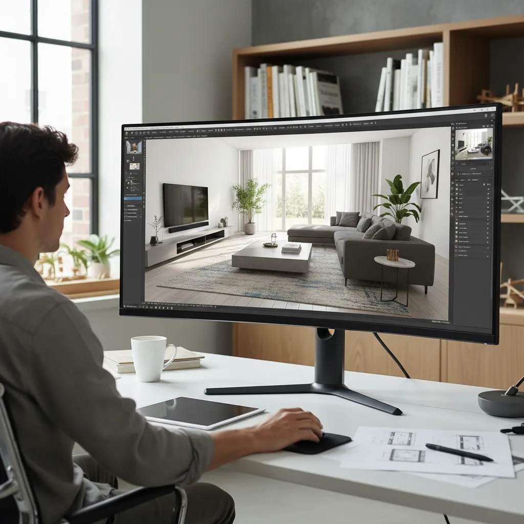 Man using computer monitor to create interior design drawing of living room with grey sofa