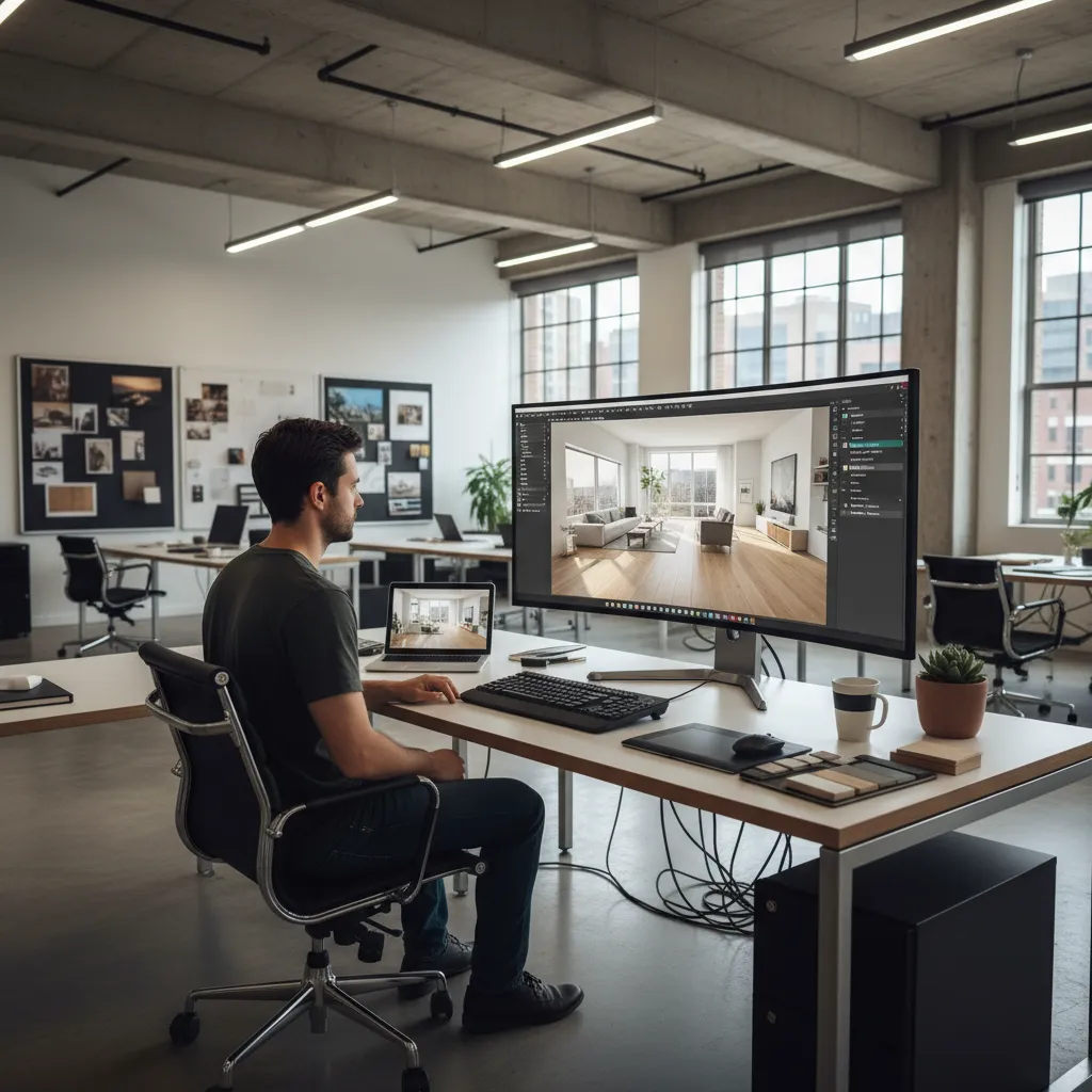 Designer at a desk using interior design software on a monitor showing a living room