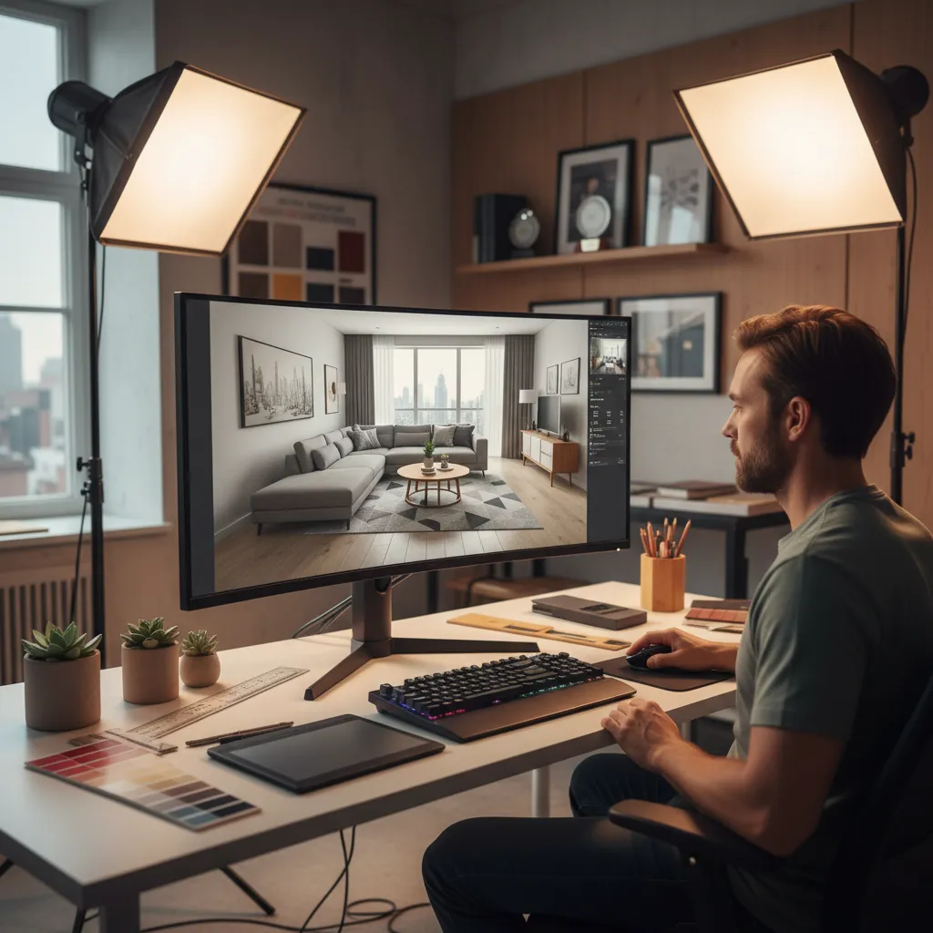 Diseñador trabajando en modelado 3D de una sala moderna