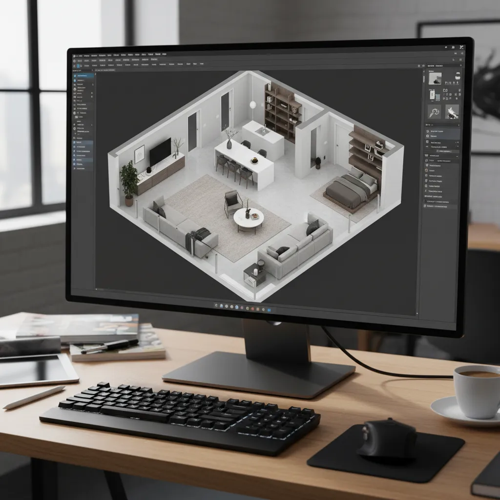 Pantalla con software de diseño de interiores mostrando plano 3D
