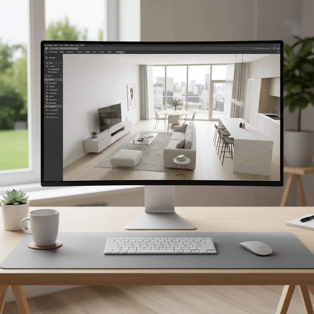 Pantalla de ordenador mostrando un proyecto 3D de interiorismo