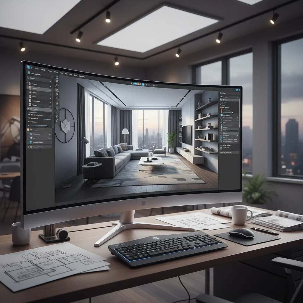 Pantalla de ordenador con software de diseño de interiores mostrando un modelo 3D