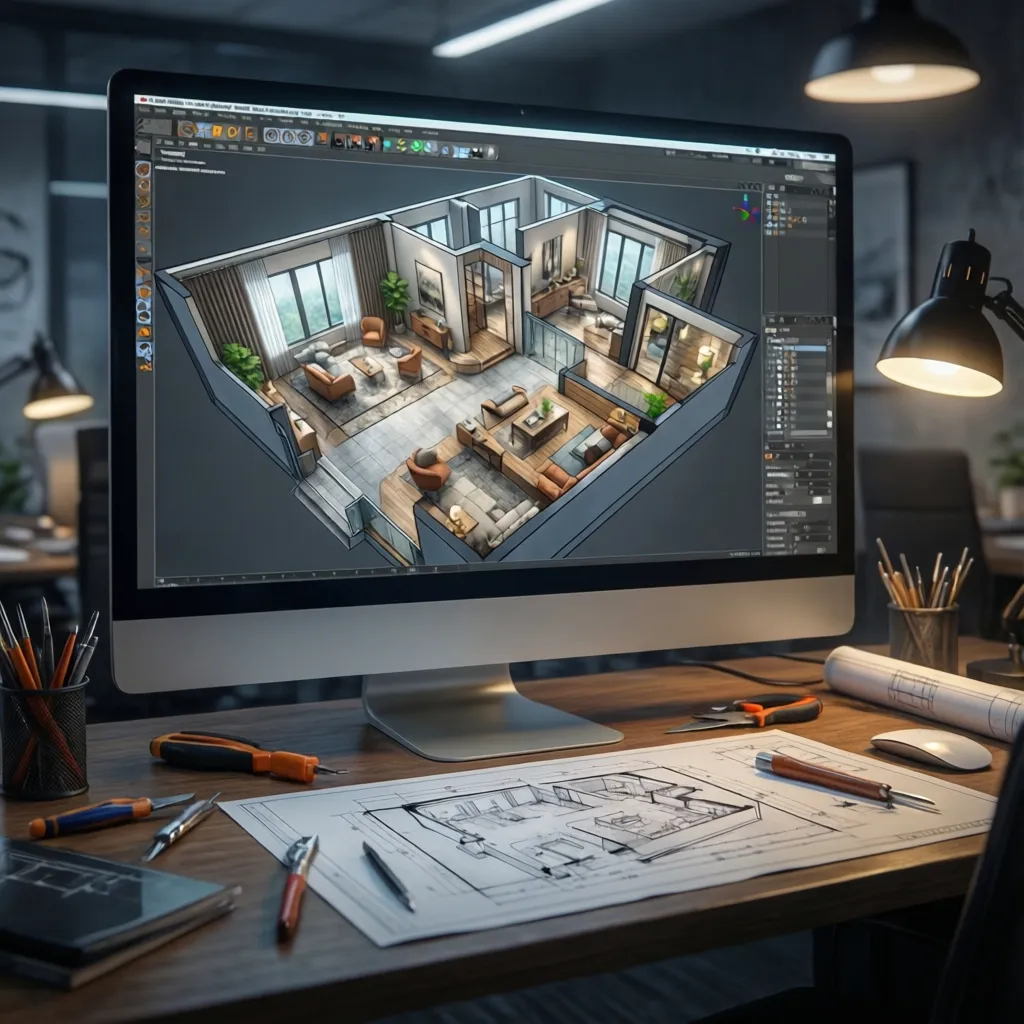 Pantalla con software de diseño de interiores mostrando plano 3D